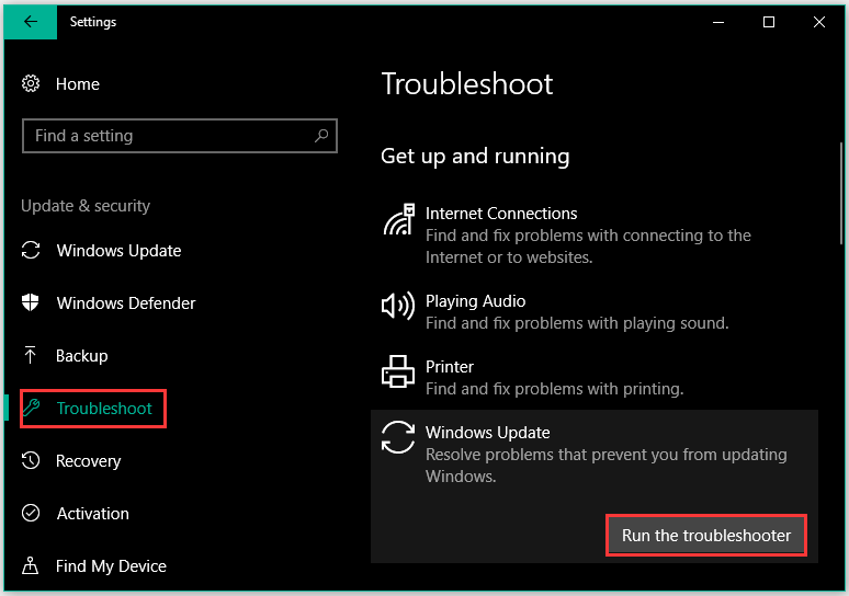 køre Windows Update fejlfinding