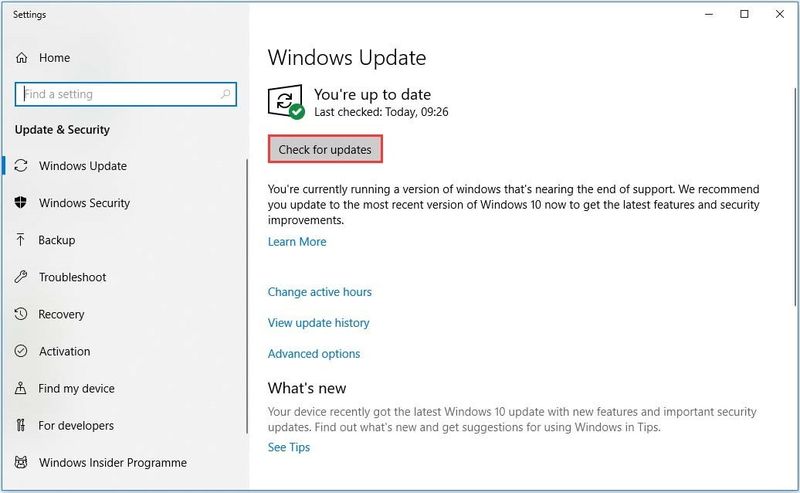 klik op Controleren op updates
