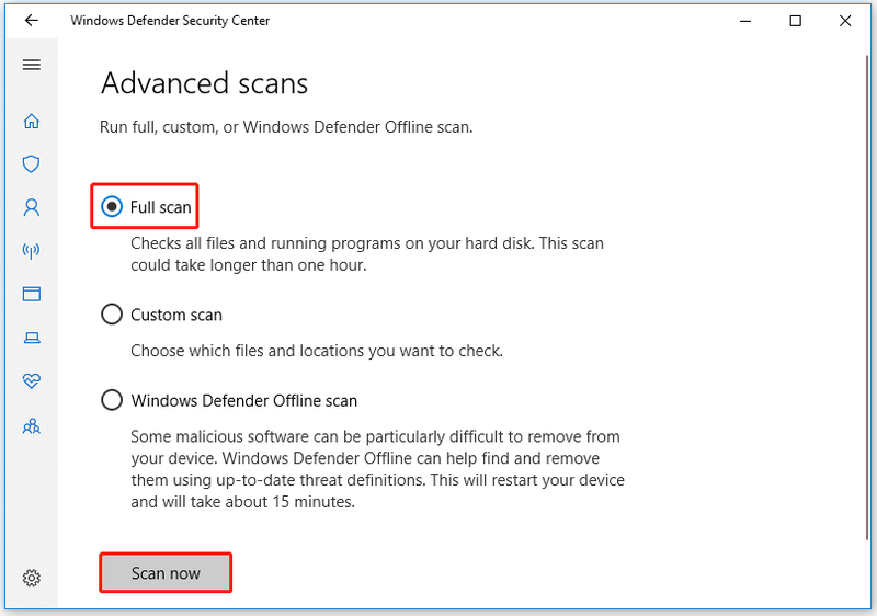 välj Fullständig genomsökning i Windows Security