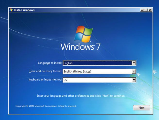 Windows 7 installatie-interface