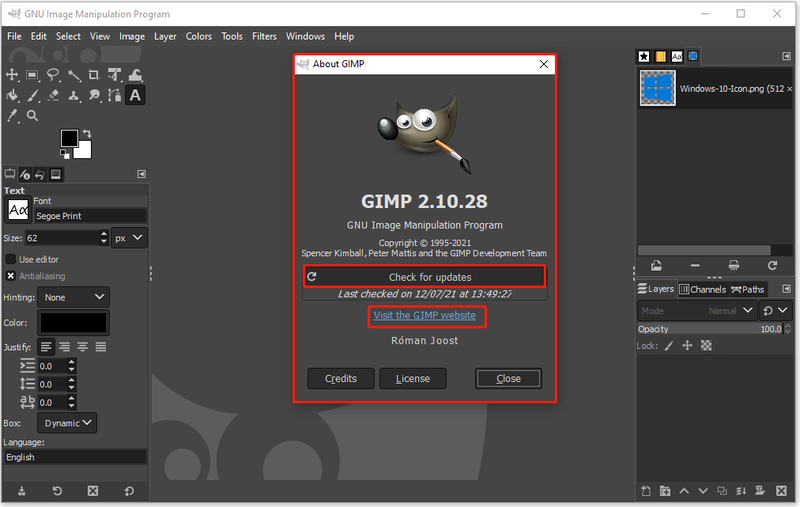 klik Bezoek de GIMP-website