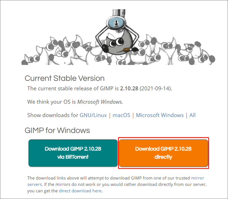 klik op GIMP 2.10.28 direct downloaden