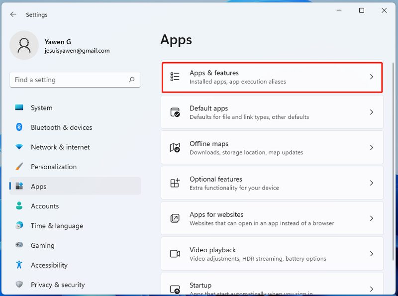vælg Apps og funktioner i Windows 11