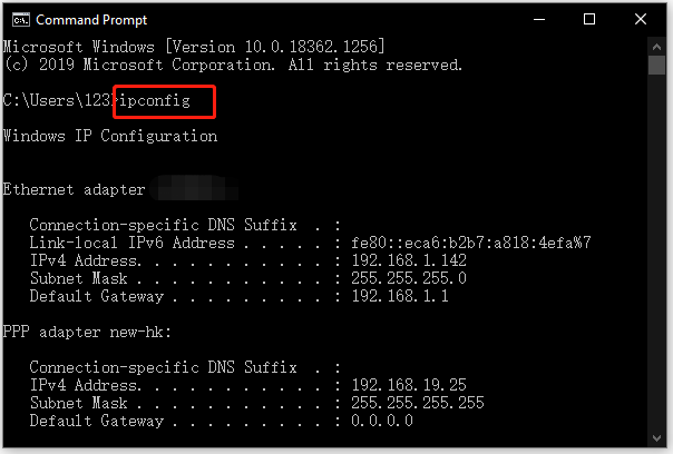 kør ipconfig via CMD