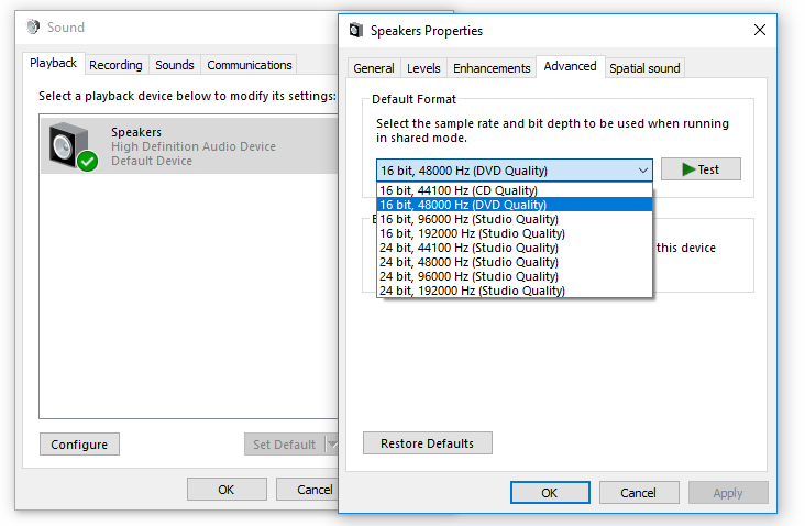 verander het Windows Audio-formaat naar 16 bit dvd-kwaliteit