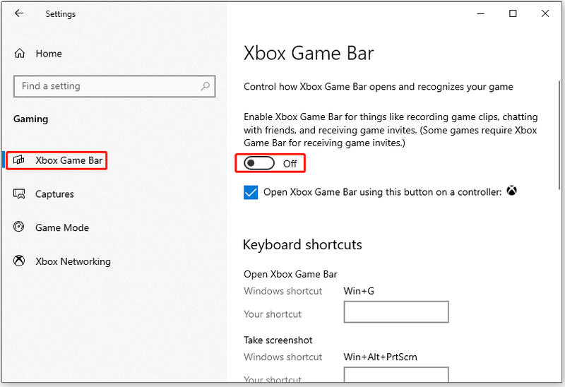 schakel de Xbox-gamebalk uit