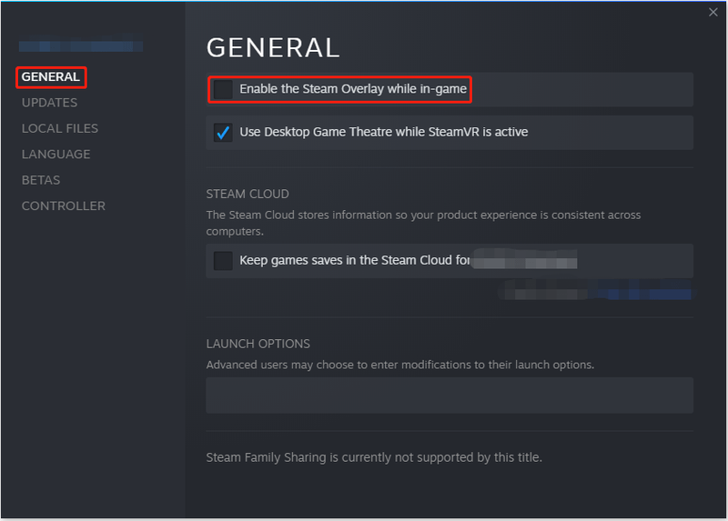 verwijder het vinkje bij de Steam-overlay inschakelen tijdens het spel