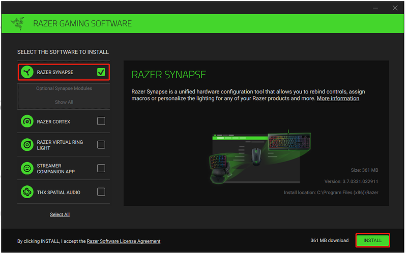 selecteer Razer Synapse en klik op Installeren