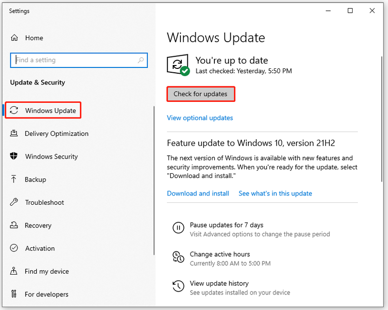 klik op Controleren op updates