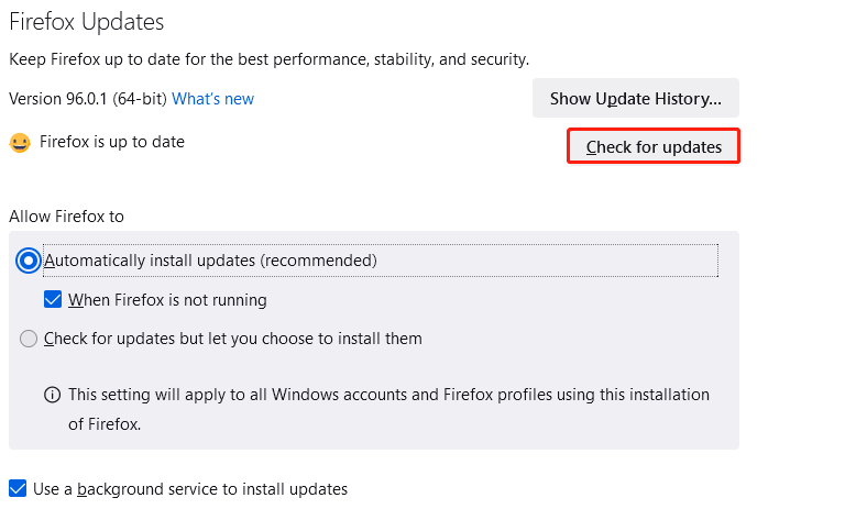 controleer op Firefox-updates