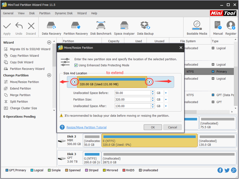vergroot NTFS-partitie met Verplaats/Resize Partition