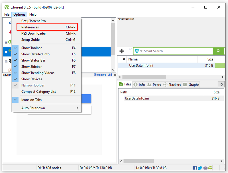 selecteer Voorkeuren in uTorrent