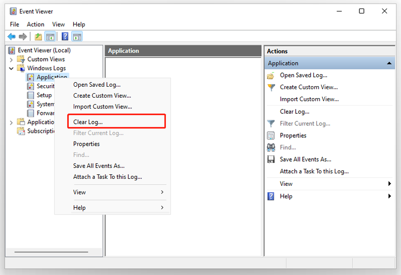 vælg Ryd log i Event Viewer