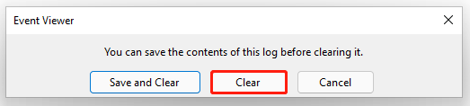 klik på Ryd i Event Viewer-vinduet