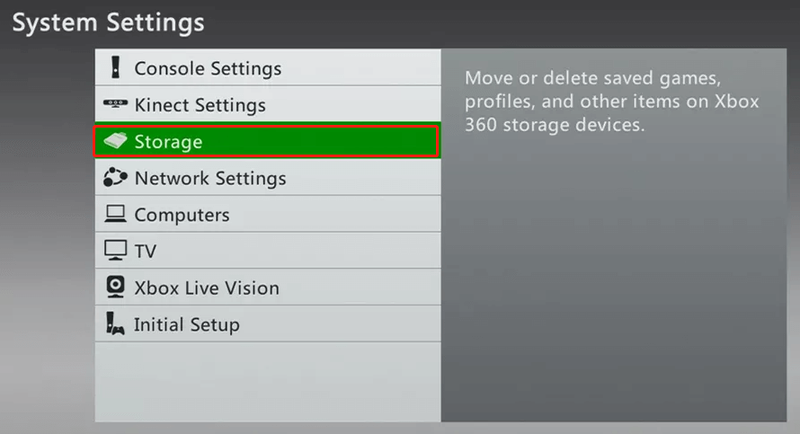 selecteer Opslag op Xbox 360
