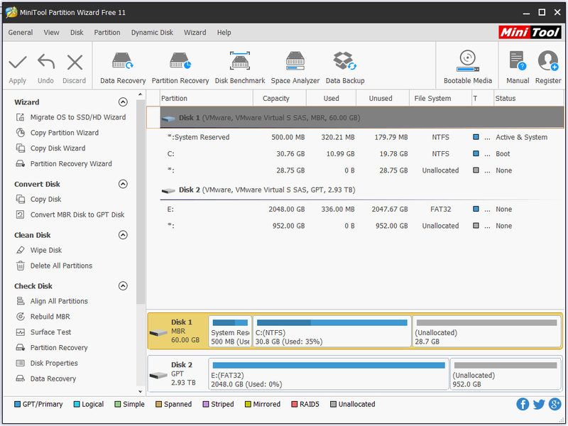 de hoofdinterface van MiniTool Partition Wizard
