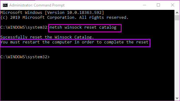 typ de opdracht netsh winsock reset catalog