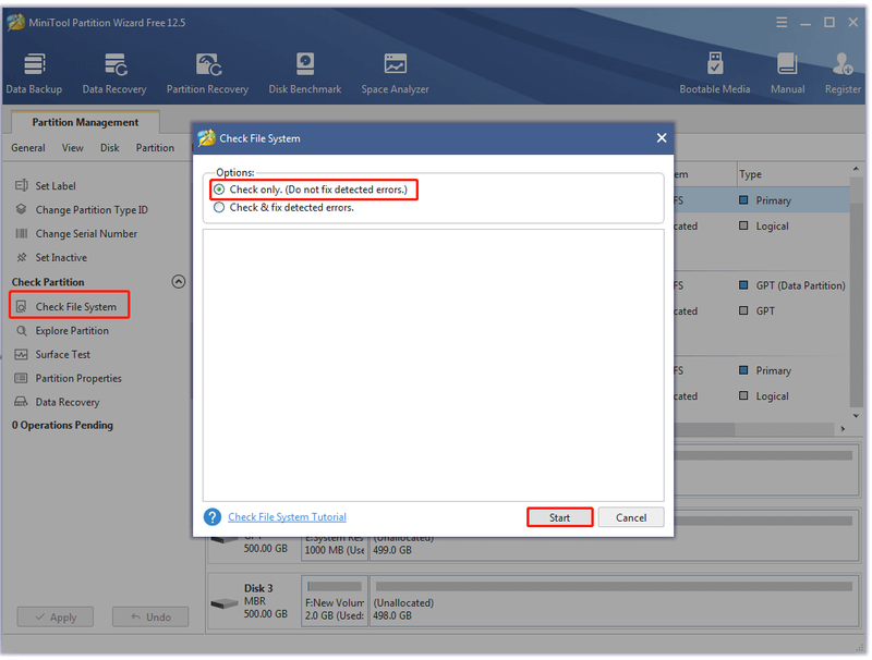 controleer bestandssysteemfouten met MiniTool Partition Wizard