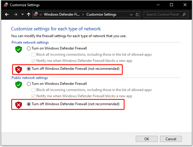 schakel Windows Defender Firewall uit