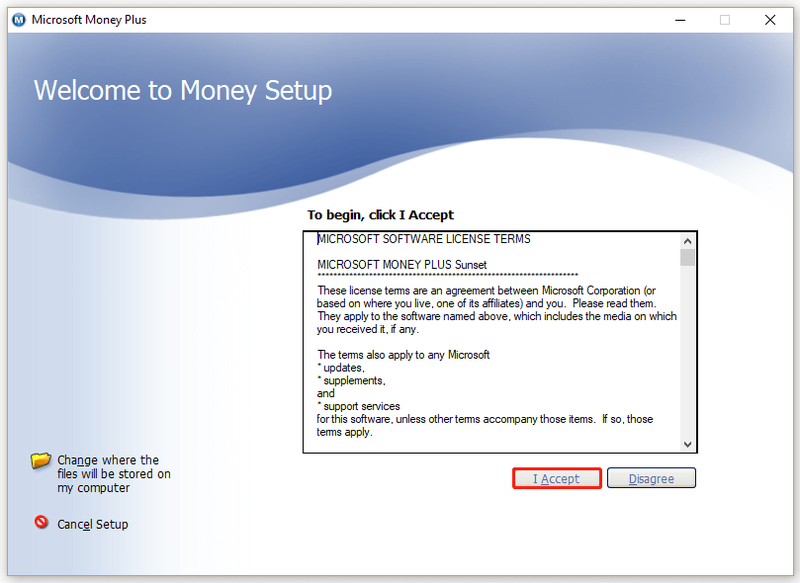 klik op de knop Ik accepteer om MS Money Plus te installeren