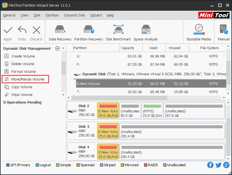 kies de functie Verplaats/Resize Volume