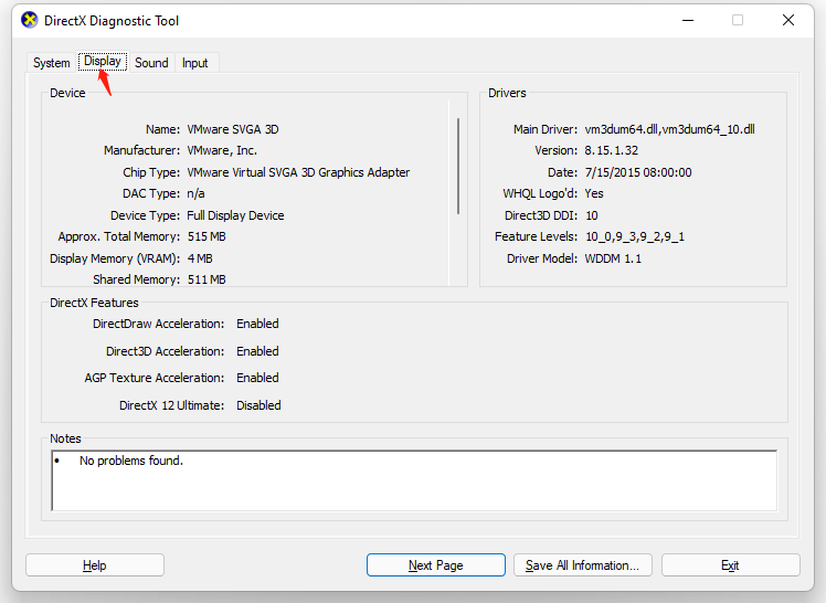 använd DirectX Diagnostic Tool för att kontrollera grafikkortet Windows 11