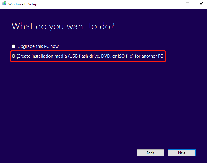 vælg opret installationsmedie til en anden pc