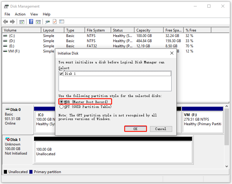 kies een partitiesysteem voor de virtuele schijf van Windows 10