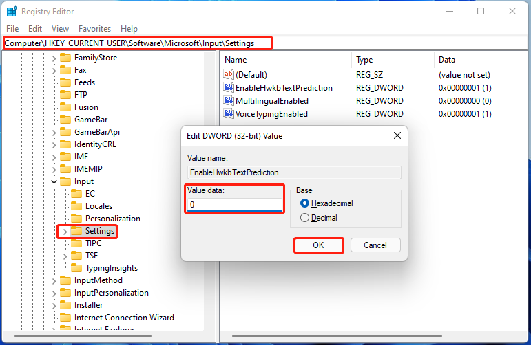Tekstsuggesties inschakelen Windows 11 via Register-editor