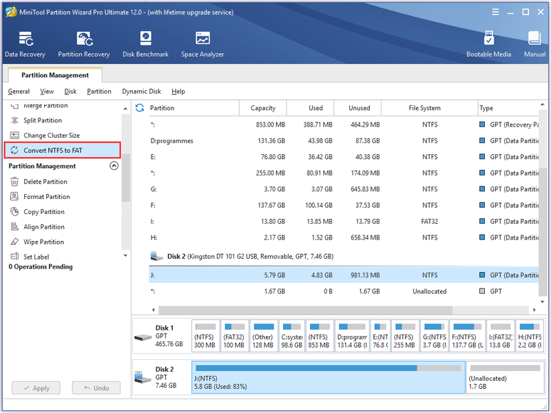 valige NTFS-i sektsioon ja seejärel klõpsake käsul Teisenda NTFS FAT-iks