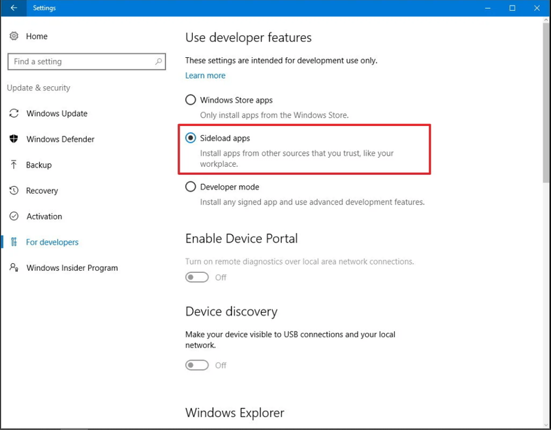 selectați Sideload apps