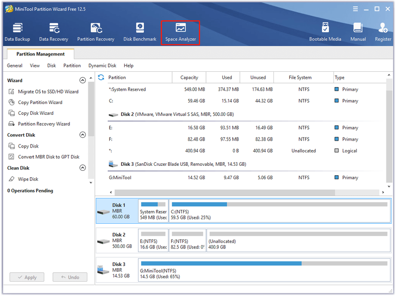 analizați spațiul pe disc folosind MiniTool Partition Wizard