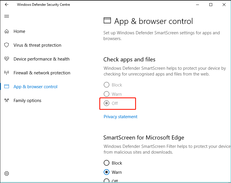 dezactivați controlul aplicației și al browserului