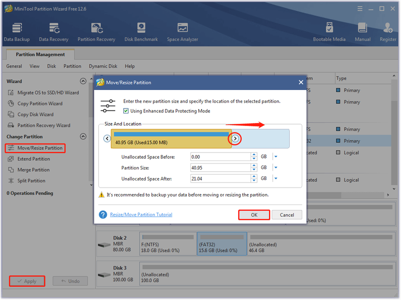 breid een partitie uit met Verplaats/Resize Partition