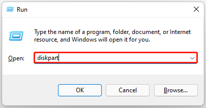 voer DiskPart uit via Windows Uitvoeren