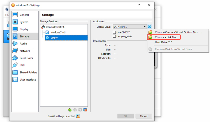 VirtualBox vælg en diskfil