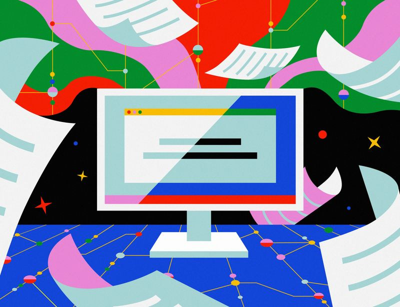Une illustration conceptuelle montrant un ordinateur, des papiers et une IA