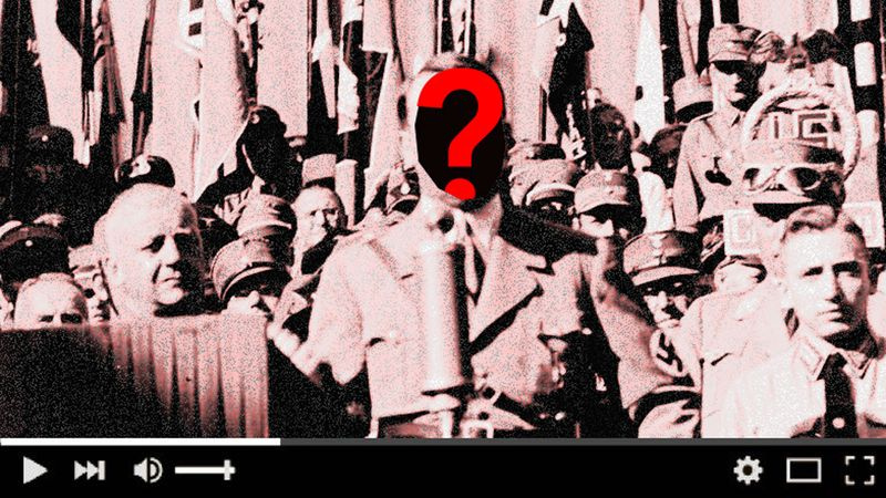 Ein Bild von Hitler, der eine Rede hält, wobei sein Gesicht durch ein Fragezeichen ersetzt wird.