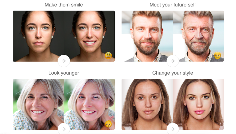 Ein Bild aller Gesichtsveränderungen, die FaceApp machen kann: sie zum Lächeln bringen, Ihr zukünftiges Ich kennenlernen, jünger aussehen, Ihren Stil ändern.