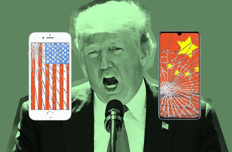 Eine Fotoillustration von Donal Trump hinter einem zerschmetterten iPhone und einem Huawei-Smartphone