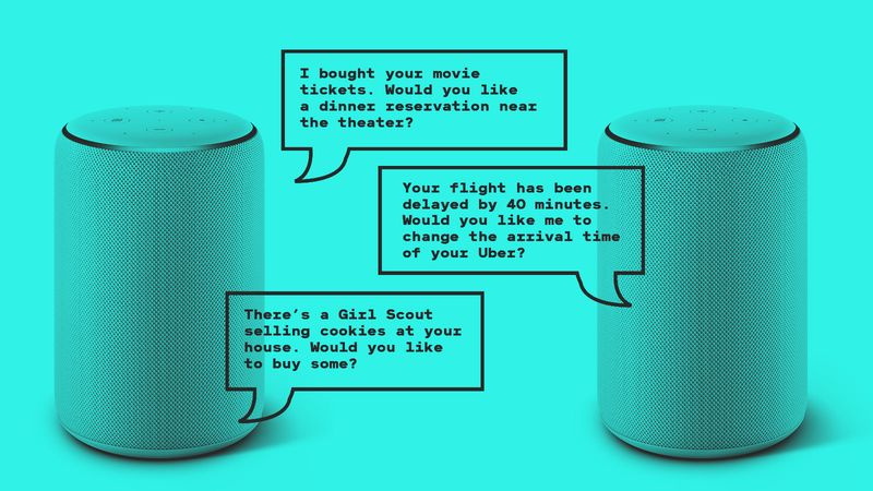 Illustration de deux appareils Alexa discutant entre eux