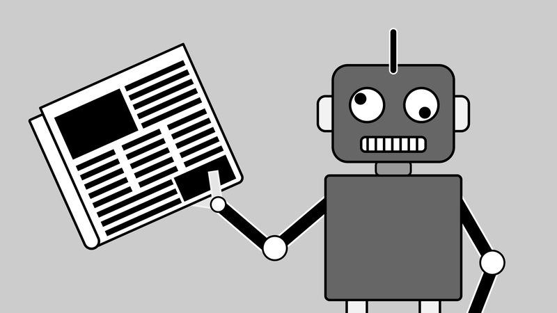 Illustration eines verwirrten Roboters, der eine Zeitung hält