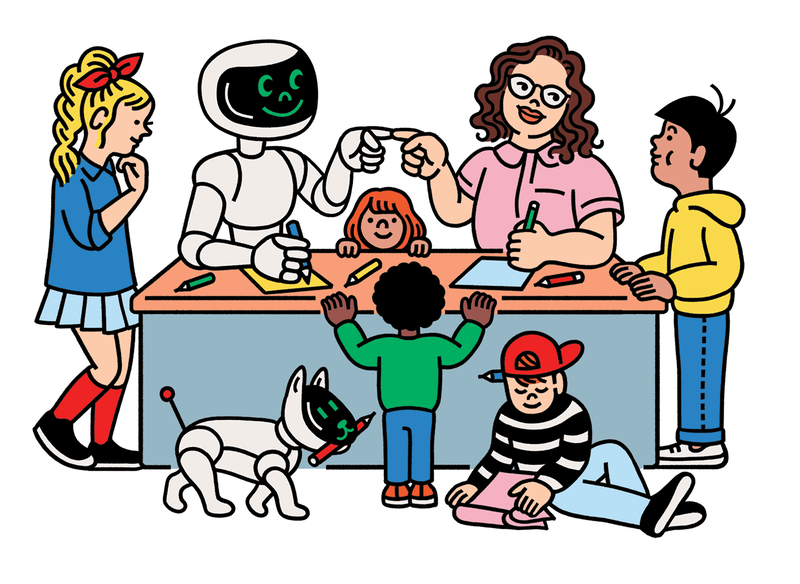Konzeptionelle Illustration von Kindern, die mit den Forschern und einem Roboter KI-Bingo spielen