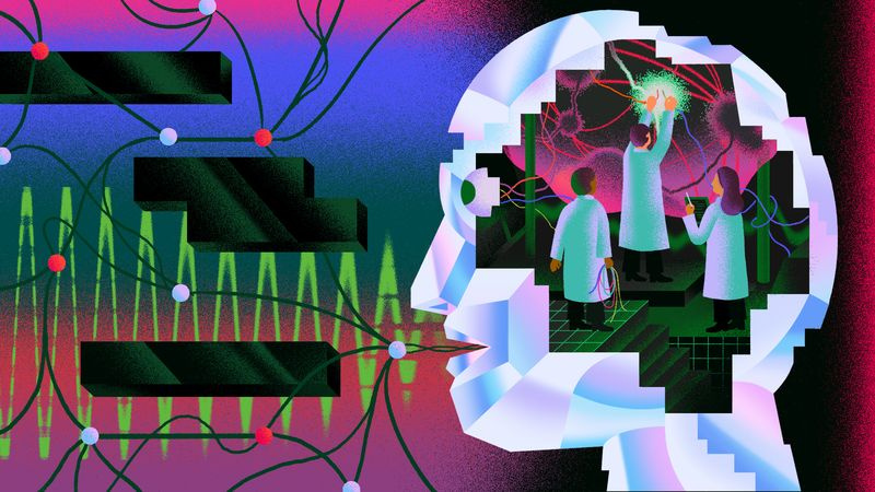 illustration conceptuelle ou un cerveau avec 3 scientifiques à l