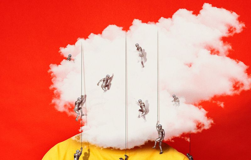Konzeptionelle Illustration, die eine Person zeigt, deren Gesicht von einer Wolke verdeckt wird, über der sich kleine Soldaten abseilen.