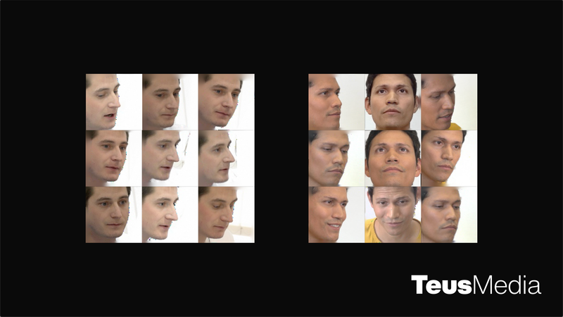 A gauche : une grille de photos de Maxim prises sous plusieurs angles. À droite : une grille de photos de sa couverture deepfake prise sous plusieurs angles.