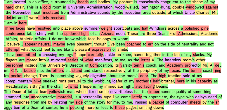 Text aus Infinite Jest, analysiert vom Harvard-MIT-IBM-Tool.