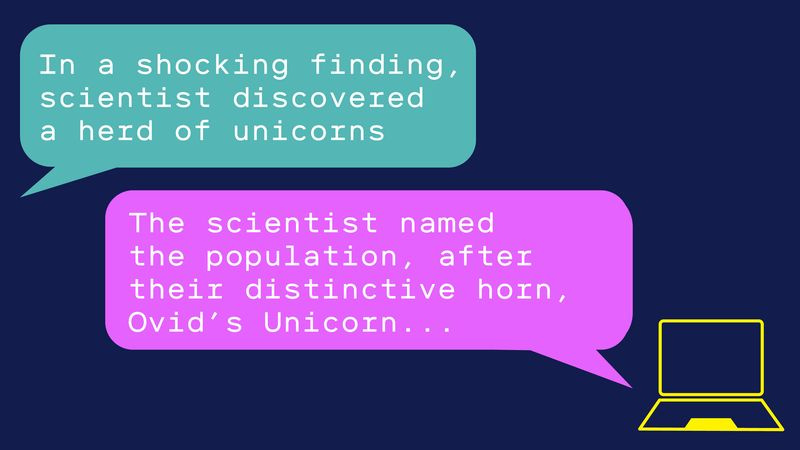 Wortblasen, die den Beginn einer Science-Fiction-Geschichte zeigen, und ein Computer, der die Erzählung fortsetzt