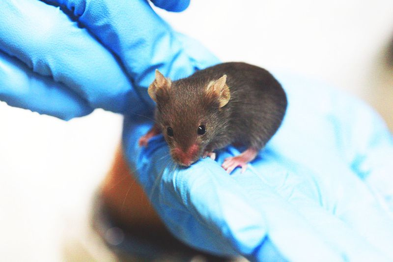 Photo de mains gantées tenant une souris ab