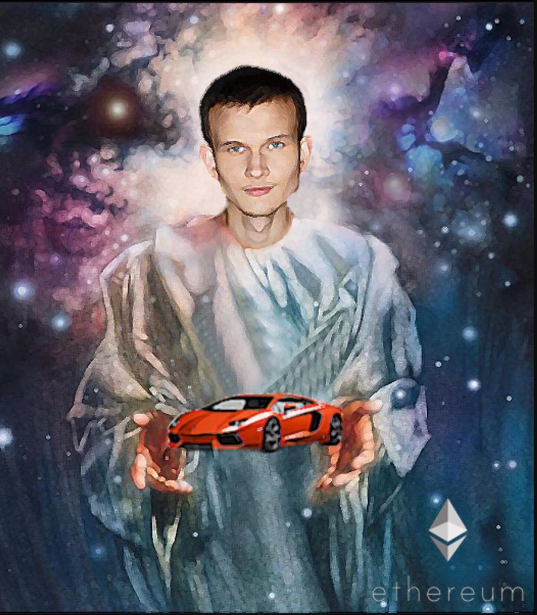 Représentation artistique de Vitalik Buterin en divinité tenant une Lamborghini